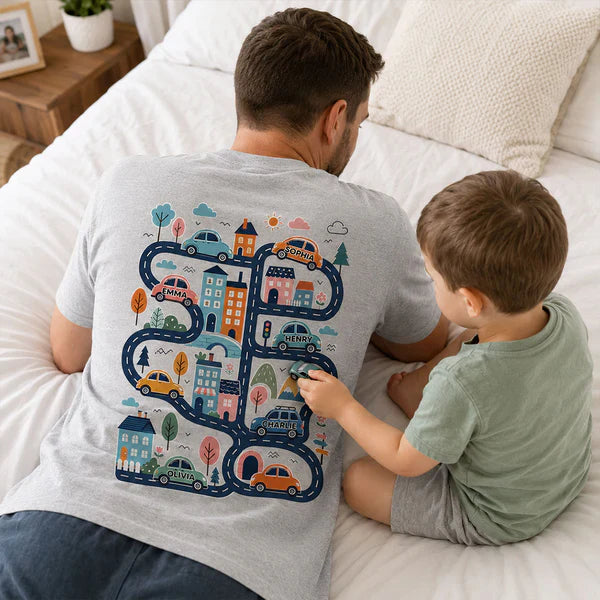 Personalized Classic Tee, Tired Dads Club & Play Cars on Dad's Back, Unique Father's Day Gift for Dad
