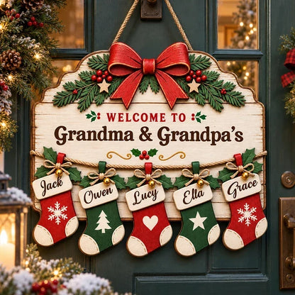 Personalized Wooden Sign with Family Stockings, Rustic Christmas Decor, Unique Gift for Grandparents