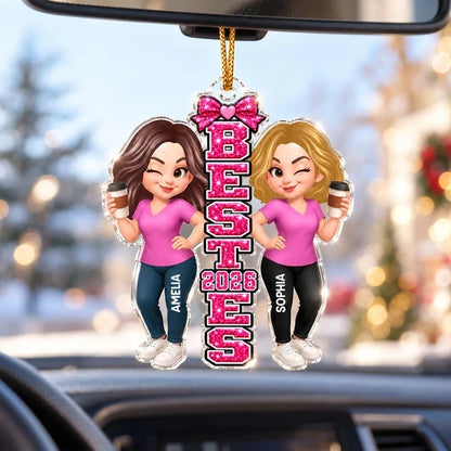 Personalized Acrylic Ornament, Pink Besties Holding Coffee on a Festive Tree, Unique Gift for Friends