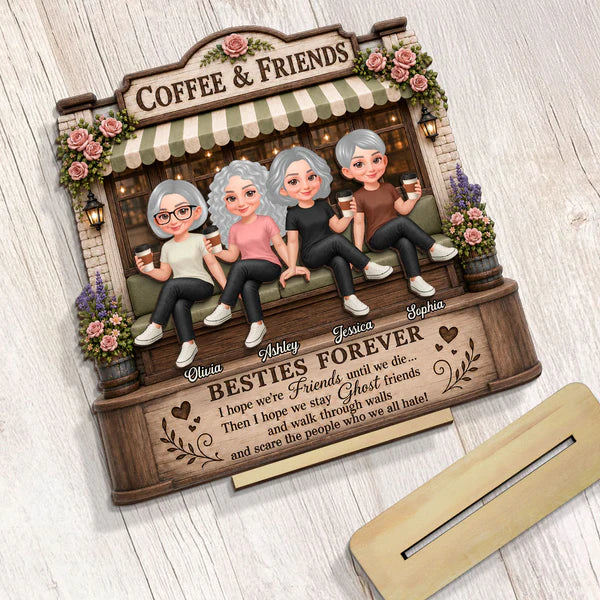 Personalized 2-Layer Wooden Plaque, Seated Friends with Coffee, Unique Gift for Besties