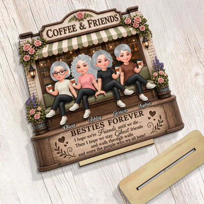 Personalized 2-Layer Wooden Plaque, Seated Friends with Coffee, Unique Gift for Besties