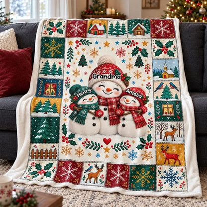 Personalized Fleece Blanket, Heartwarming Snowman Family Hug in Colorful Winter Art, Creative Gift for Grandma and Grandkids