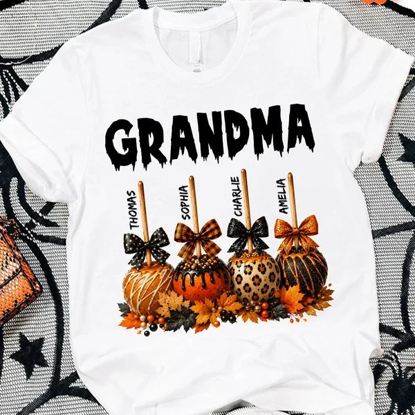 Personalized Grandma Classic Tee, Halloween Caramel Apple Design, Unique Gift for Grandma