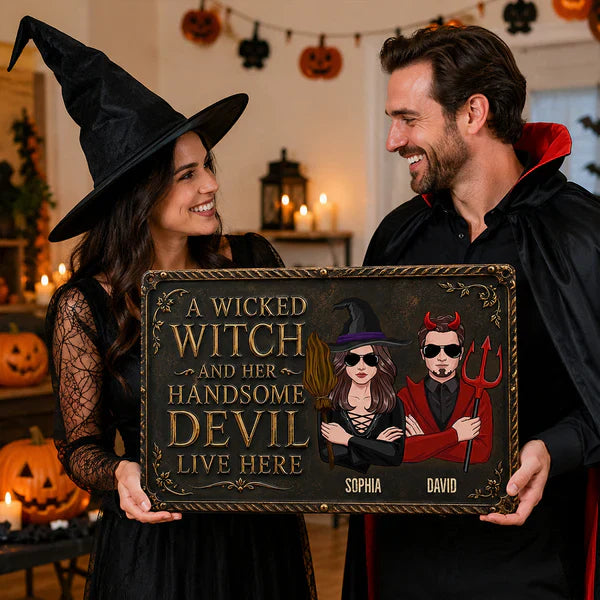 Personalized Rectangular Iron Sign, Wicked Witch & Devil Porch Decor, Unique Gift for Couples