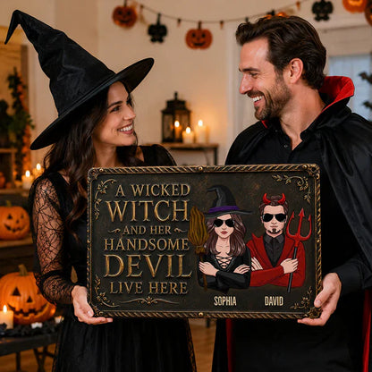Personalized Rectangular Iron Sign, Wicked Witch & Devil Porch Decor, Unique Gift for Couples