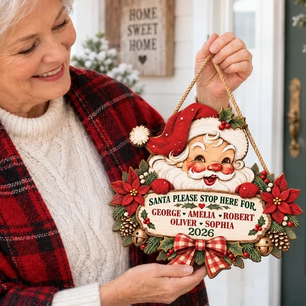 Personalized Wooden Sign with Vintage Santa Holding a Family Message, Unique Christmas Gift for Grandparents