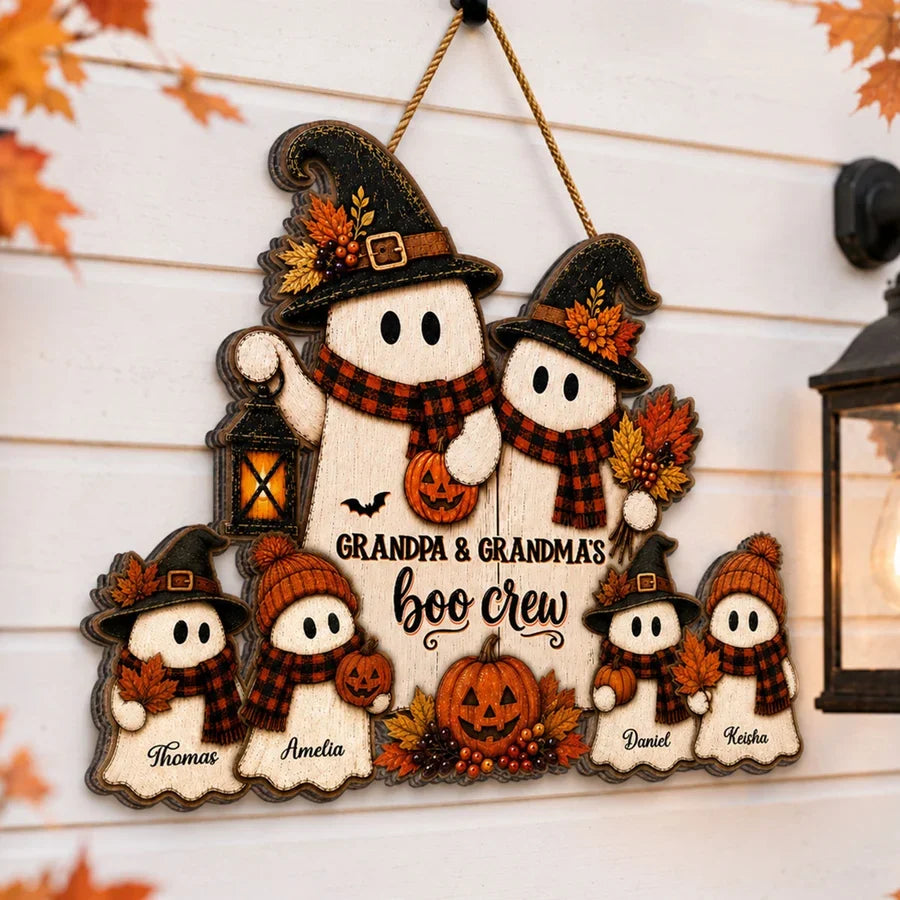 Personalized Grandpa and Grandma's Boo Crew Wooden Sign, Vintage Ghost Family Decor, Creative Gift for Grandparents