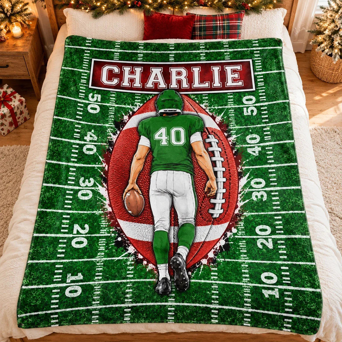Personalized Fleece Blanket, Football Player Walking on Green Field, Unique Gift for Son or Grandson
