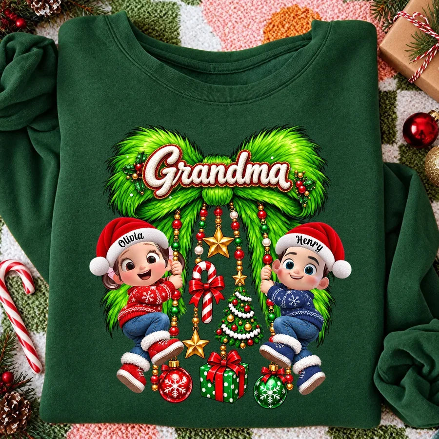 Personalized Sweatshirt with Grandkids on a Green Christmas Bow, Unique Gift for Grandma