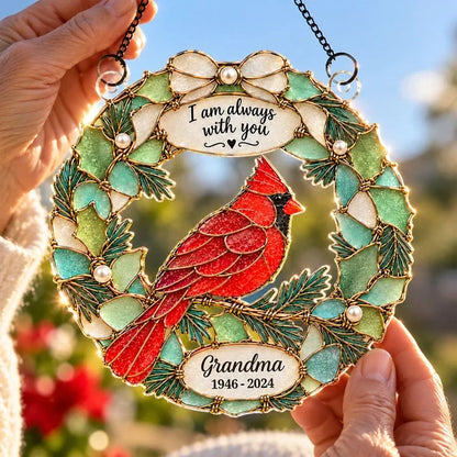 Personalized Acrylic Suncatcher Ornament, Red Cardinal Wreath for a Sunlit Window, Unique Memorial Gift for Family