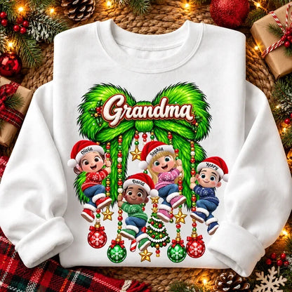 Personalized Sweatshirt with Grandkids on a Green Christmas Bow, Unique Gift for Grandma