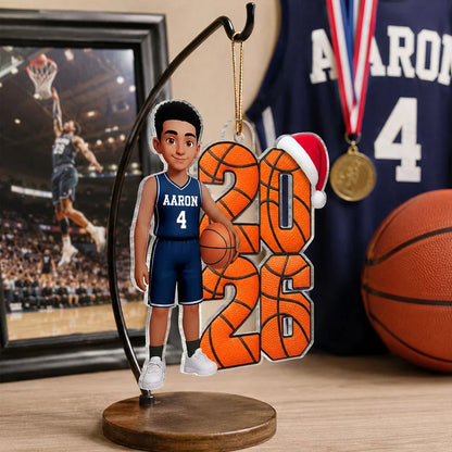 Custom Acrylic Ornament, Basketball Player by a Christmas Tree, Creative Keepsake Gift for Son or Daughter