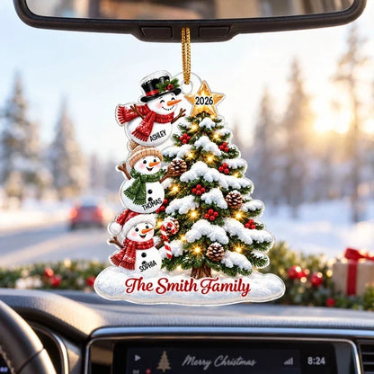 Personalized Acrylic Ornament, Waving Snowman Family by a Snowy Christmas Tree, Unique Gift for Grandkids