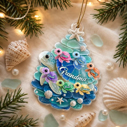 Personalized Turtle Family Acrylic Ornament, Grandma with Grandkids, Unique Christmas Gift for Grandma