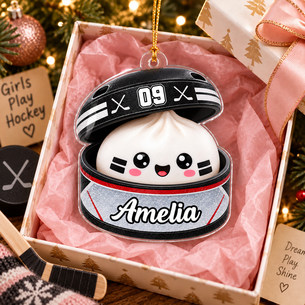 Personalized Acrylic Ornament, Kawaii Hockey Dumpling Keepsake, Creative Gift for Sons, Daughters & Grandkids