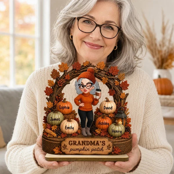 Personalized Wooden Plaque, Coffee-Holding Grandma in an Autumn Pumpkin Patch, Unique Family Gift