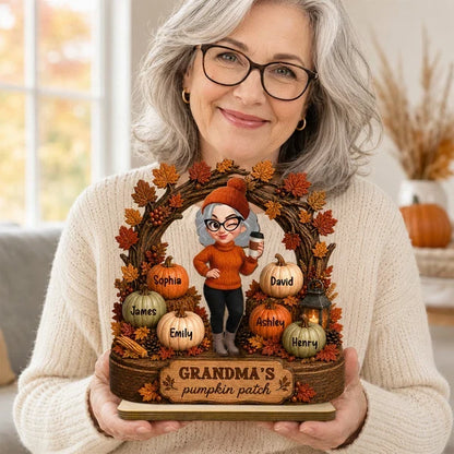 Personalized Wooden Plaque, Coffee-Holding Grandma in an Autumn Pumpkin Patch, Unique Family Gift