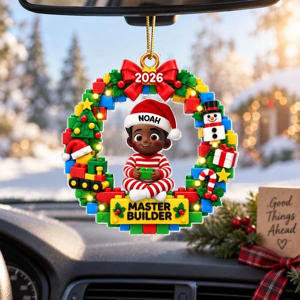 Personalized Acrylic Ornament, Cute Master Builder Child in Festive Wreath, Unique Gift for Kids