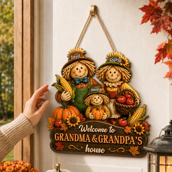 Personalized Wooden Sign with Scarecrow Family, Fall Door Decor, Unique Gift for Grandma & Grandpa