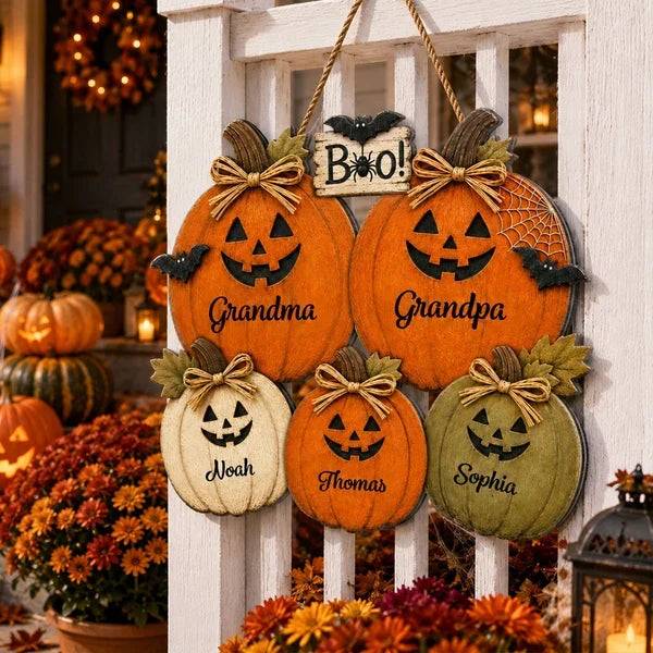 Personalized Wooden Sign with Grandma and Grandpa Pumpkins, Rustic Halloween Door Decor, Unique Gift for Grandparents