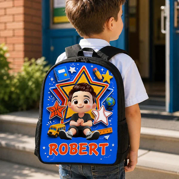 Personalized Kids School Backpack with Sitting Cartoon Boy, Classroom Style, Creative Gift for Son