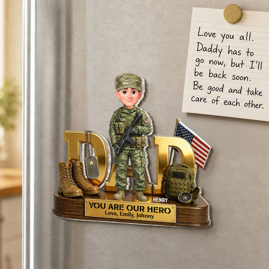 Proud Military Dad Acrylic Fridge Magnet, Personalized Creative Father's Day Gift With Standing Soldier & Flag