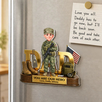 Proud Military Dad Acrylic Fridge Magnet, Personalized Creative Father's Day Gift With Standing Soldier & Flag