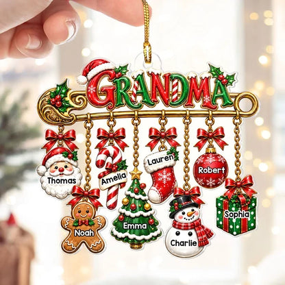 Personalized Acrylic Ornament, Grandma Safety Pin with Hanging Christmas Charms, Unique Gift for Grandma