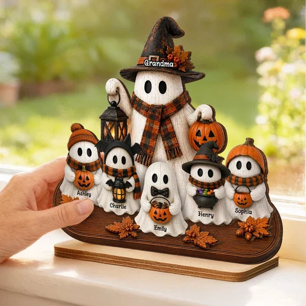 Personalized Wooden Plaque, Grandma and Grandkid Ghosts Standing Together, Rustic Halloween, Unique Gift for Grandma