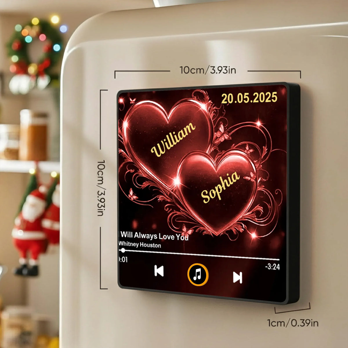 Personalized Acrylic Music Magnet with Glowing Double Hearts – Custom Romantic Gift for Couples and a Unique Fridge Decoration