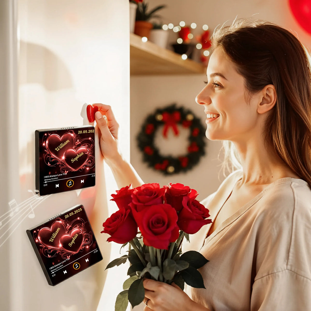 Personalized Acrylic Music Magnet with Glowing Double Hearts – Custom Romantic Gift for Couples and a Unique Fridge Decoration