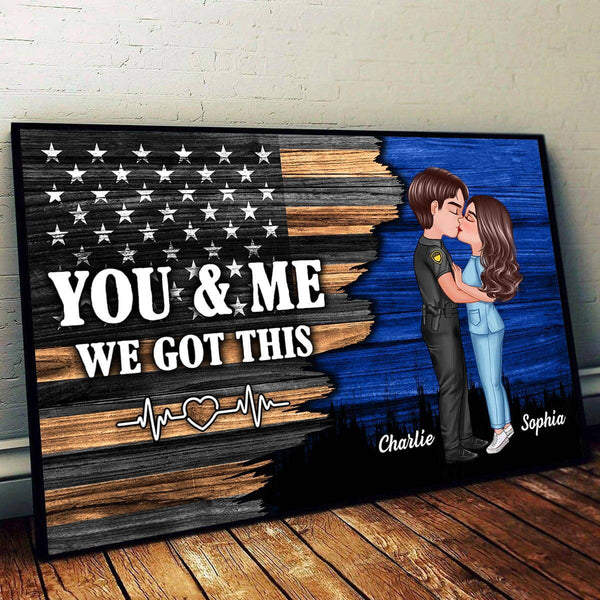 Hero Couple Kissing Half Flag Gifts by Occupation Firefighter, Nurse, Police Officer - Personalized Horizontal Poster or Canvas or Plaque or Pillow or Wallet or Wallet Card or Cap or Cup