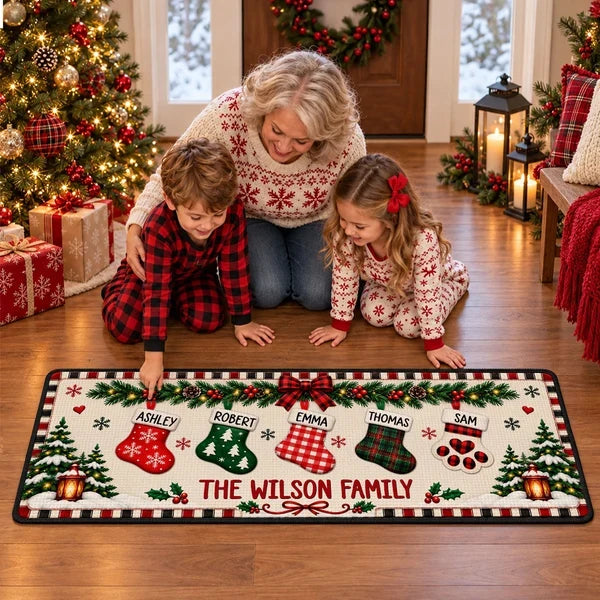 Personalized Premium Doormat with Plaid Christmas Stockings, Festive Entryway Decor, Unique Family Gift