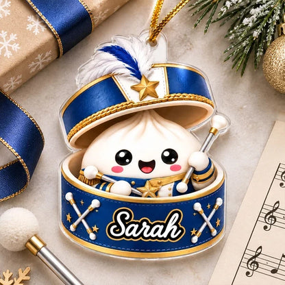 Personalized Acrylic Ornament, Blue and Gold Marching Band Dumpling Holding a Baton, Unique Gift for Band Kids