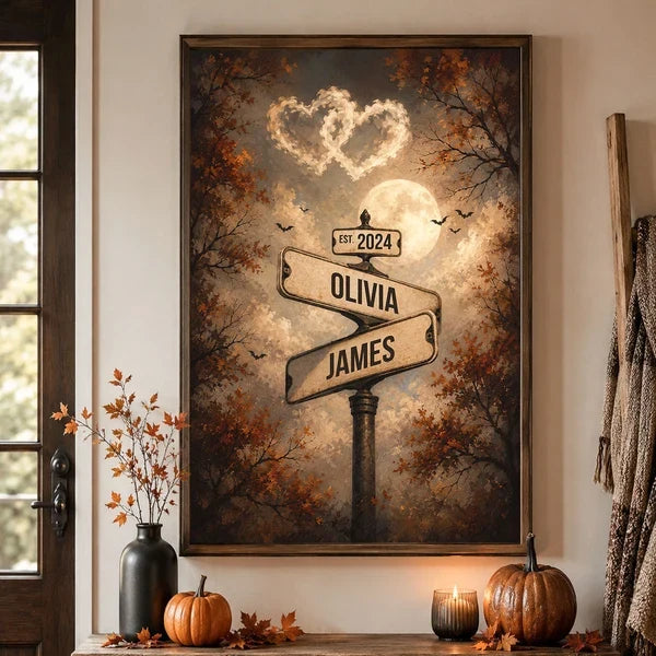 Personalized Poster with Couple Street Signs, Full Moon and Bats, Unique Halloween Gift for Couples