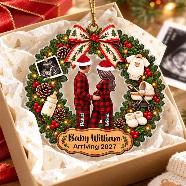Personalized Acrylic Ornament, Embracing Expecting Couple in Christmas Wreath, Unique Gift for Parents to Be