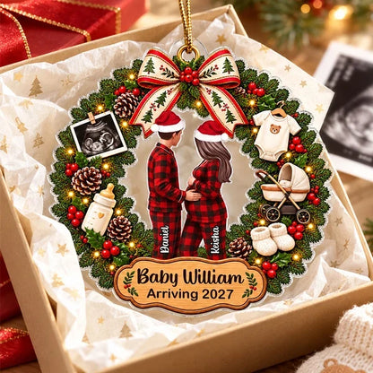 Personalized Acrylic Ornament, Embracing Expecting Couple in Christmas Wreath, Unique Gift for Parents to Be