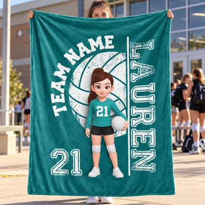 Personalized Volleyball Fleece Blanket, Black and Red Cartoon Player Holding a Ball, Unique Gift for Daughter
