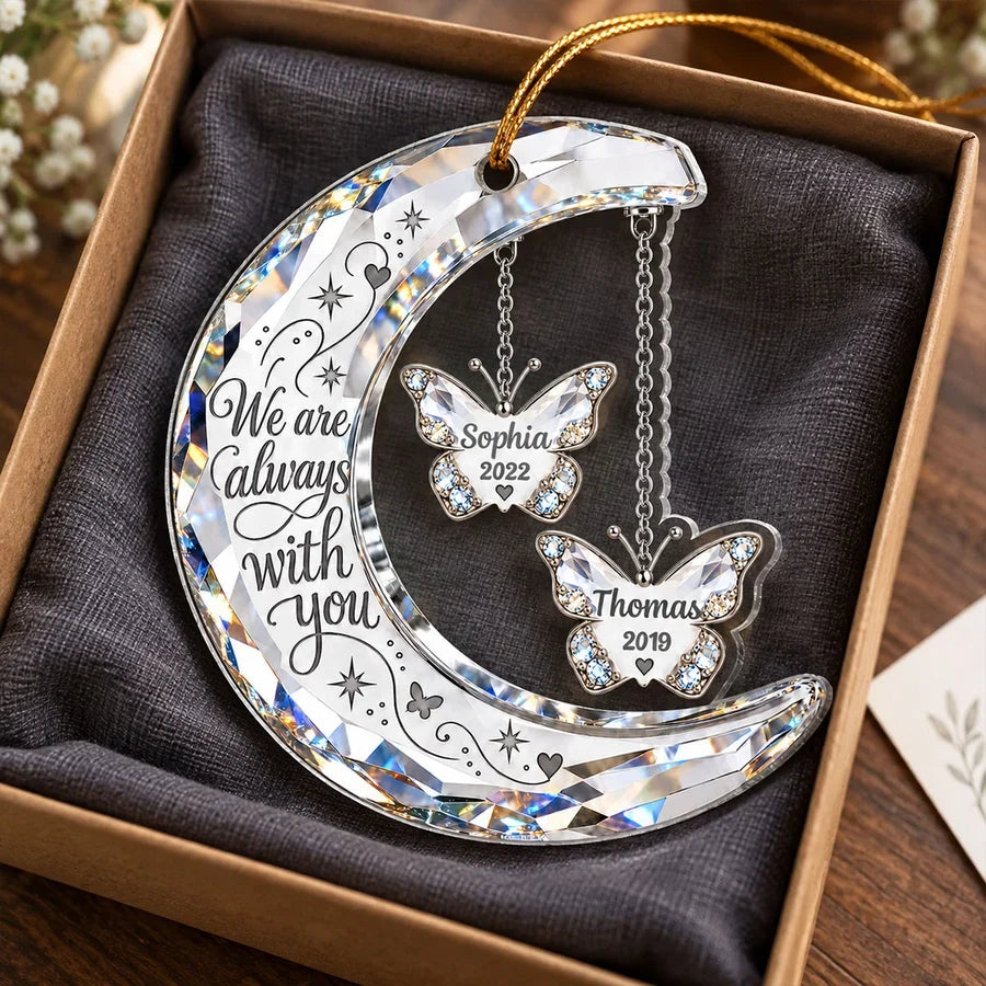 Personalized Acrylic Ornament, Crescent Moon and Butterfly Memorial for Evergreen Display, Unique Sympathy Gift
