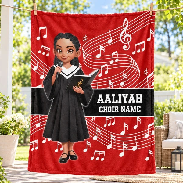 Personalized Fleece Blanket, Red Choir Graduate Holding a Microphone, Unique Music Gift for Singers