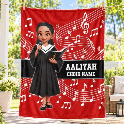 Personalized Fleece Blanket, Red Choir Graduate Holding a Microphone, Unique Music Gift for Singers