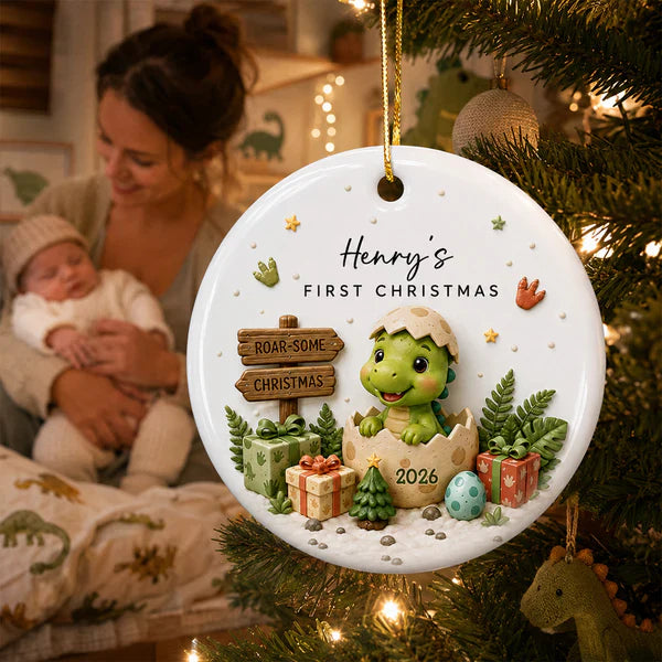 Personalized Ceramic Ornament With Cute Baby Dinosaur, Unique First Christmas Keepsake Gift for Baby
