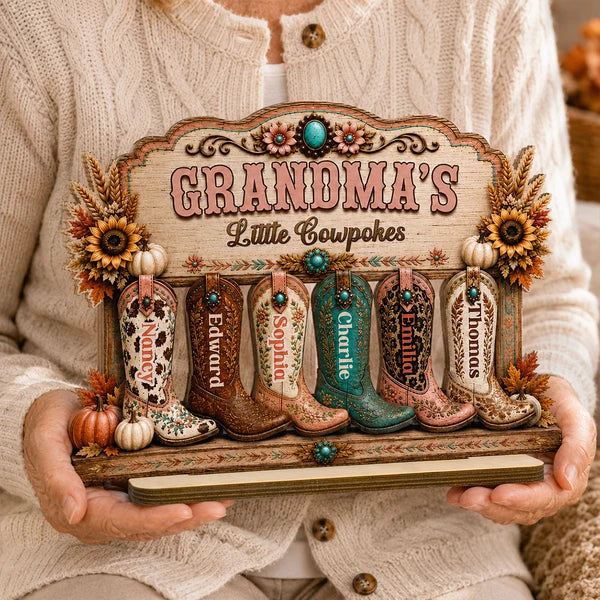 Personalized 2-Layer Wooden Plaque with Western Boots, Unique Gift for Grandma's Little Cowpokes