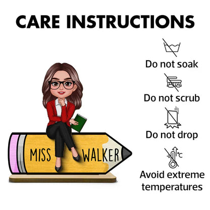 Personalized 2-Layer Wooden Plaque, Cartoon Teacher On Pencil, Unique Gift For Classroom Desk