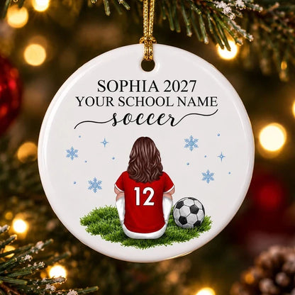 Personalized Ceramic Ornament, Seated Soccer Player in Red Jersey, Unique Christmas Gift for Athletes