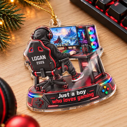 Personalized Acrylic Ornament, Boy Gaming in a Colorful Fantasy Scene, Creative Keepsake Gift for Son or Grandson