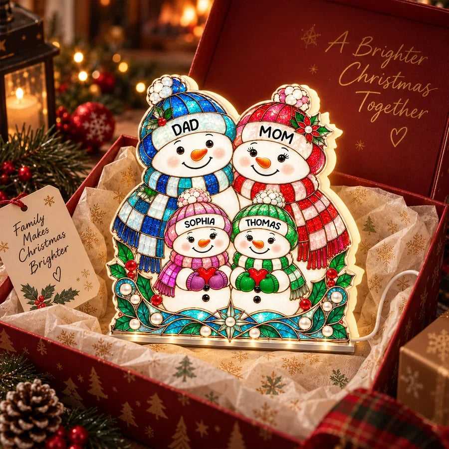 Personalized Gathered Snowman Family Acrylic Light Box, Colorful Christmas Decor, Unique Gift for Grandparents