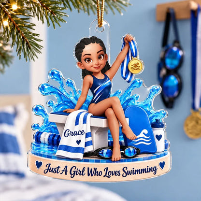 Personalized Acrylic Ornament, Girl Swimmer Holding a Medal in Blue Splashes, Unique Gift for Swimmers