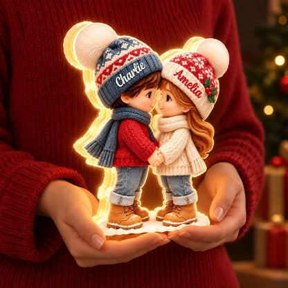 Personalized Acrylic Light Box, Cute Cartoon Couple Holding Hands in a Cozy Christmas Scene, Unique Gift