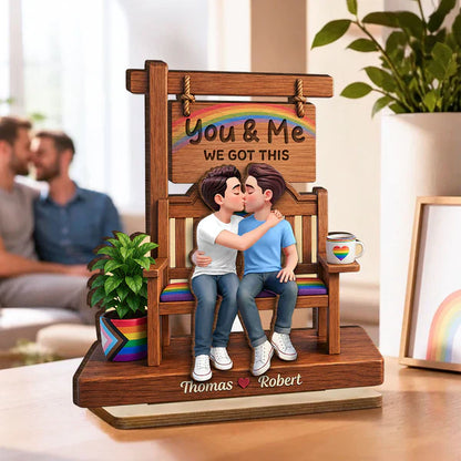 Personalized 2-Layer Wooden Plaque with Kissing Pride Couple, Unique Creative Gift for LGBTQ Couple